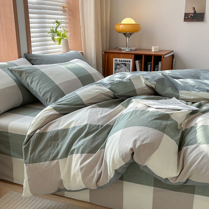 91家纺网 家纺一手货源 找家纺 启程家纺 2026新款全棉A类水洗棉多规格四件套单品-四件套 绿大格