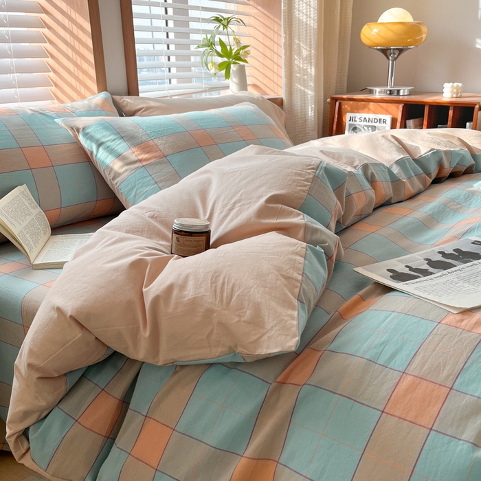 91家纺网 家纺一手货源 找家纺 启程家纺 2026新款全棉A类水洗棉多规格四件套单品-四件套 云华绿大格