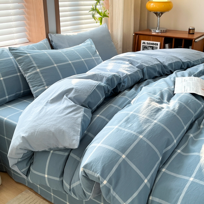 91家纺网 家纺一手货源 找家纺 启程家纺 2026新款全棉A类水洗棉多规格四件套单品-四件套 蓝灰中格