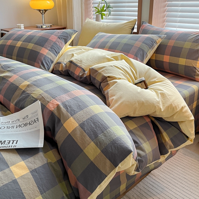 91家纺网 家纺一手货源 找家纺 启程家纺 2026新款全棉A类水洗棉多规格四件套单品-四件套 牛油果灰大格