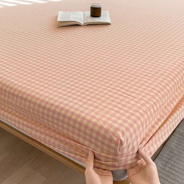 91家纺网 家纺一手货源 找家纺 启程家纺 2026新款全棉A类水洗棉多规格四件套单品-单床笠 黄粉小格