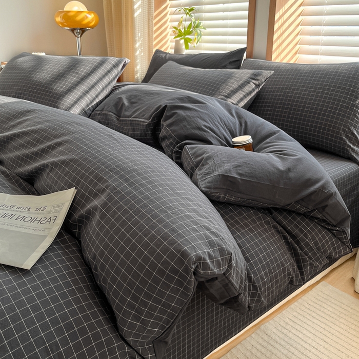 91家纺网 家纺一手货源 找家纺 启程家纺 2026新款全棉A类水洗棉多规格四件套单品-四件套 灰小方格