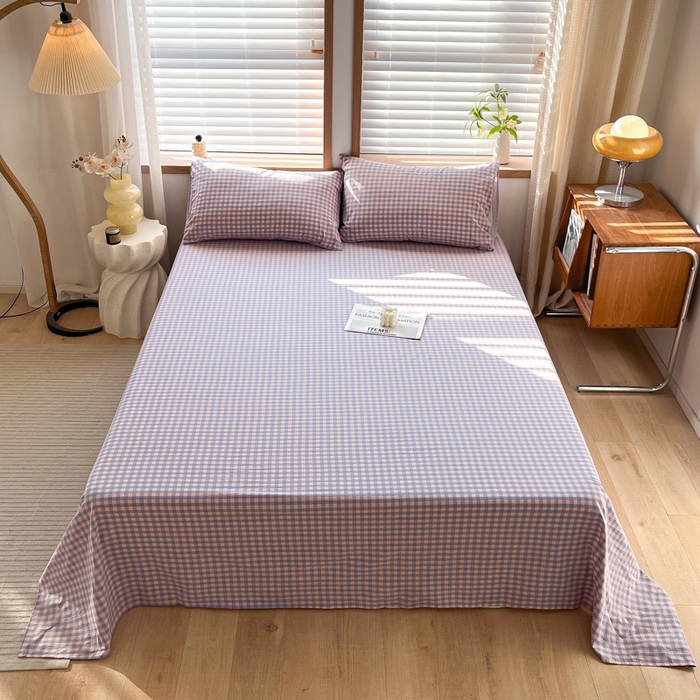 91家纺网 家纺一手货源 找家纺 启程家纺 2026新款全棉A类水洗棉多规格四件套单品-单床单 紫粉小格