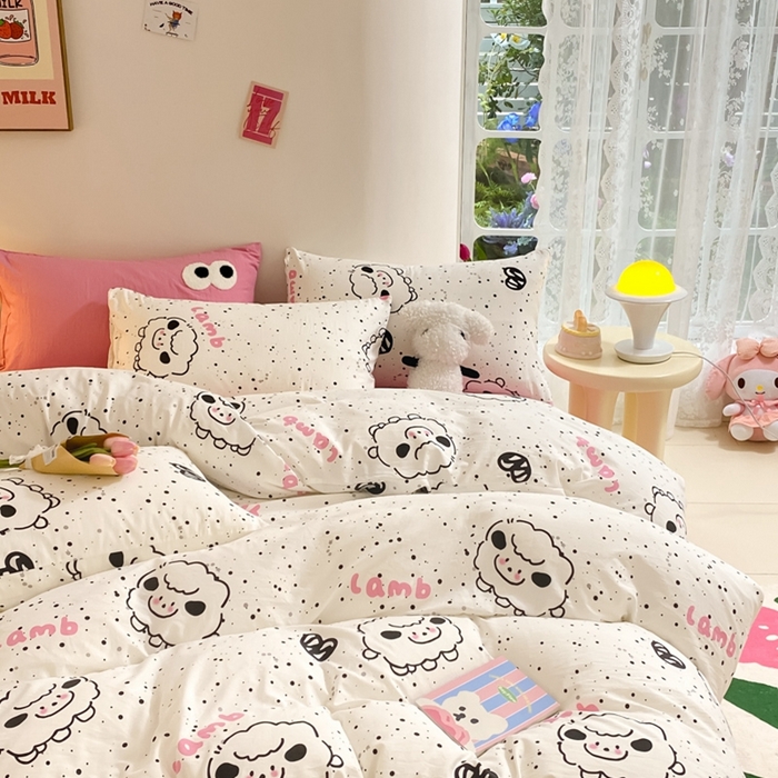 91家纺网 家纺一手货源 找家纺 葡萄家 2024新款双层纱云柔水洗棉萌趣卡通系列四件套（提供买家秀联系客服） 小羊咩咩