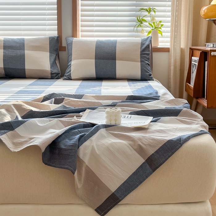 91家纺网 家纺一手货源 找家纺 启程家纺 2026新款全棉A类水洗棉多规格四件套单品-单床单 蓝大格