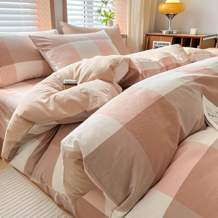 91家纺网 家纺一手货源 找家纺 启程家纺 2026新款全棉A类水洗棉多规格四件套单品-四件套 粉大格