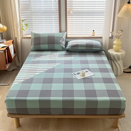 91家纺网 家纺一手货源 找家纺 启程家纺 2026新款全棉A类水洗棉多规格四件套单品-单床笠 绿灰大格