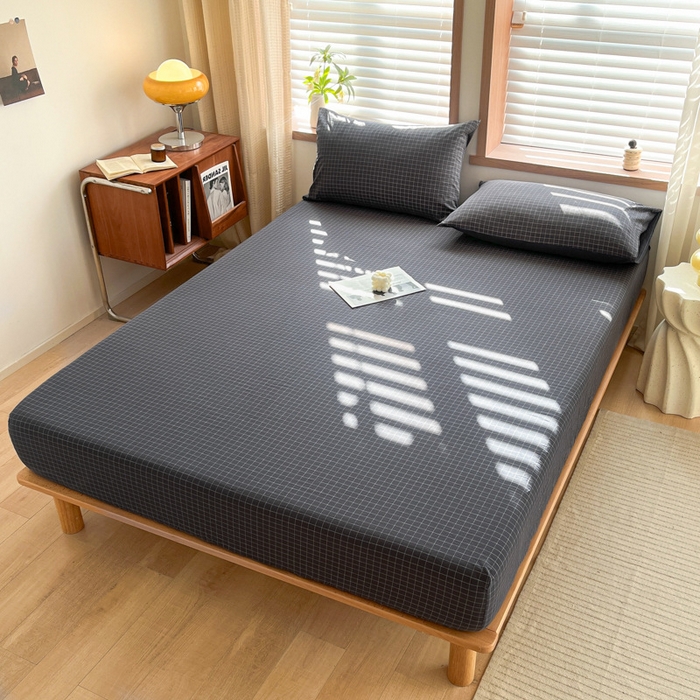 91家纺网 家纺一手货源 找家纺 启程家纺 2026新款全棉A类水洗棉多规格四件套单品-单床笠 灰小方格