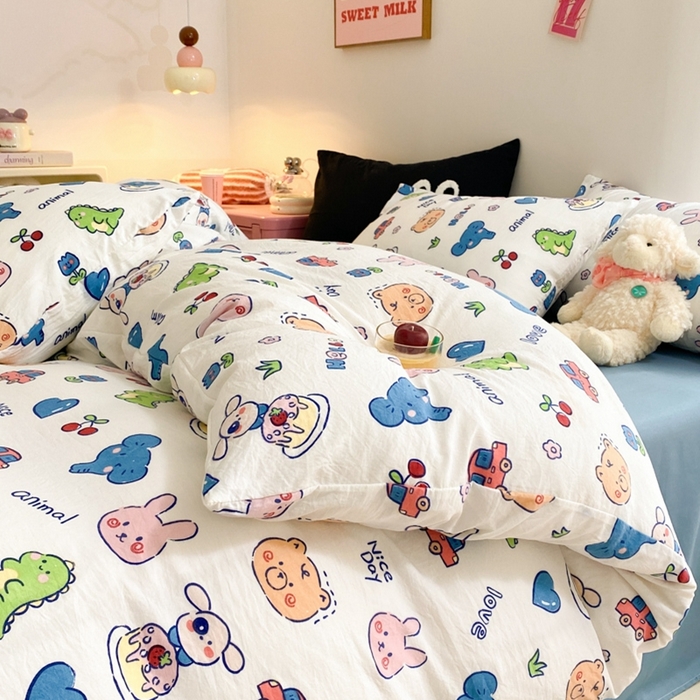 91家纺网 家纺一手货源 找家纺 葡萄家 2024新款双层纱云柔水洗棉萌趣卡通系列四件套（提供买家秀联系客服） 狂欢
