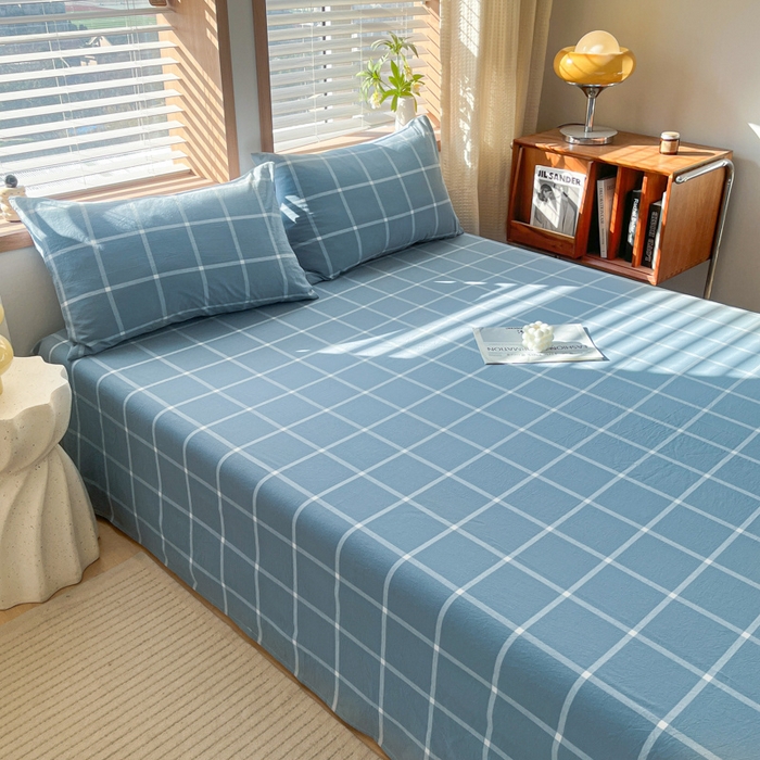 91家纺网 家纺一手货源 找家纺 启程家纺 2026新款全棉A类水洗棉多规格四件套单品-单床单 蓝灰中格