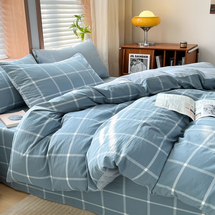 91家纺网 家纺一手货源 找家纺 启程家纺 2026新款全棉A类水洗棉多规格四件套单品-四件套 蓝灰中格