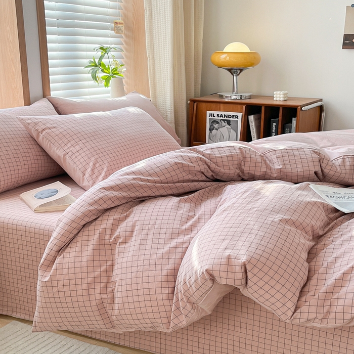 91家纺网 家纺一手货源 找家纺 启程家纺 2026新款全棉A类水洗棉多规格四件套单品-四件套 粉小方格