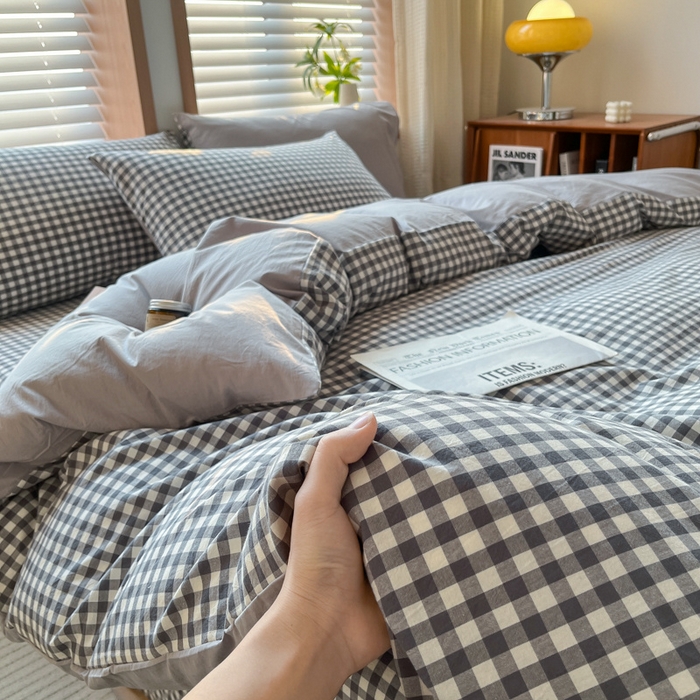 91家纺网 家纺一手货源 找家纺 启程家纺 2026新款全棉A类水洗棉多规格四件套单品-四件套 灰小格