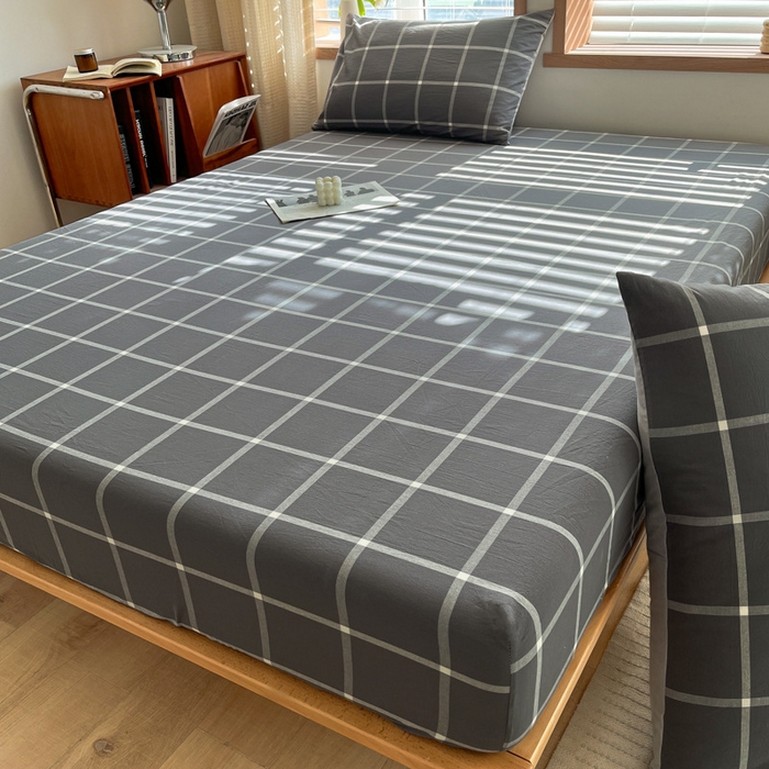 91家纺网 家纺一手货源 找家纺 启程家纺 2026新款全棉A类水洗棉多规格四件套单品-单床笠 暗灰中格