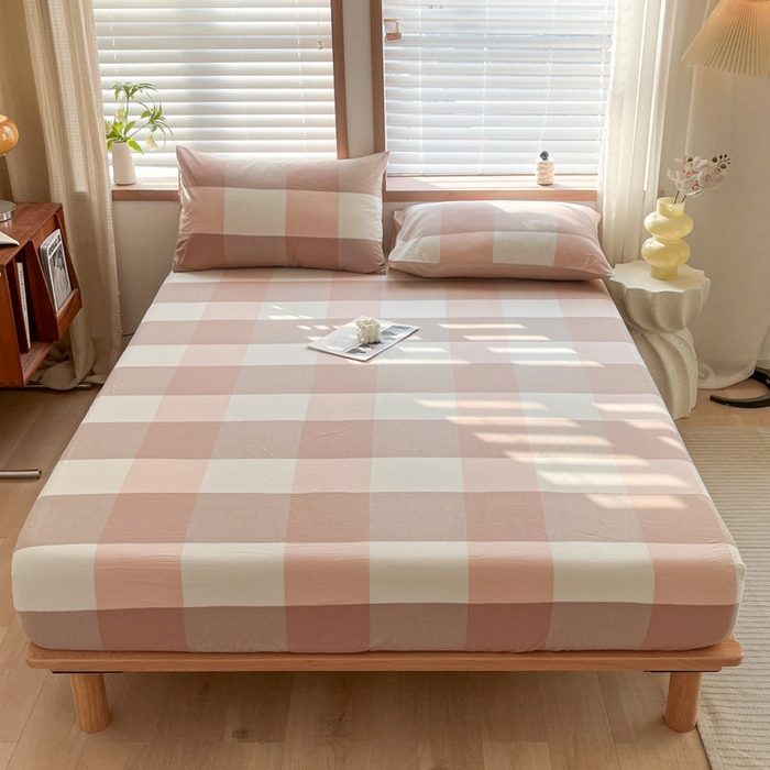 91家纺网 家纺一手货源 找家纺 启程家纺 2026新款全棉A类水洗棉多规格四件套单品-单床笠 粉大格