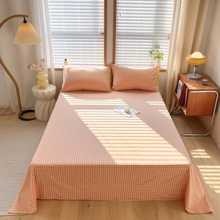 启程家纺 2026新款全棉A类水洗棉多规格四件套单品-单床单 黄粉小格