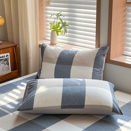 启程家纺 2026新款全棉A类水洗棉多规格四件套单品-单枕套 蓝大格