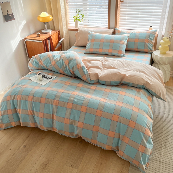 91家纺网 家纺一手货源 找家纺 启程家纺 2026新款全棉A类水洗棉多规格四件套单品-四件套 云华绿大格