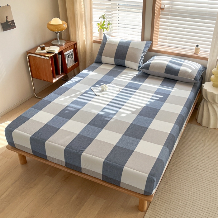 91家纺网 家纺一手货源 找家纺 启程家纺 2026新款全棉A类水洗棉多规格四件套单品-单床笠 蓝大格