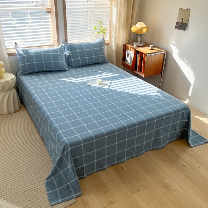 91家纺网 家纺一手货源 找家纺 启程家纺 2026新款全棉A类水洗棉多规格四件套单品-单床单 蓝灰中格