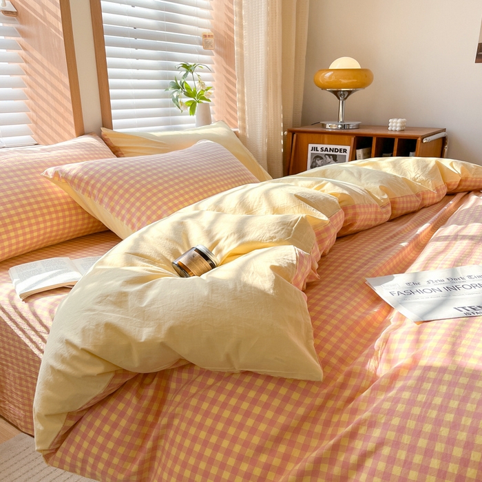 91家纺网 家纺一手货源 找家纺 启程家纺 2026新款全棉A类水洗棉多规格四件套单品-四件套 黄粉小格