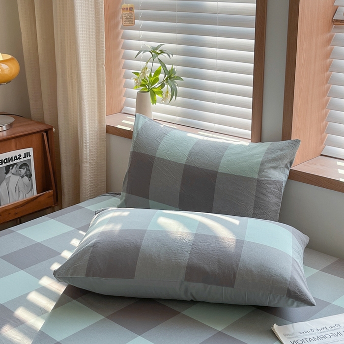 91家纺网 家纺一手货源 找家纺 启程家纺 2026新款全棉A类水洗棉多规格四件套单品-单枕套 绿灰大格