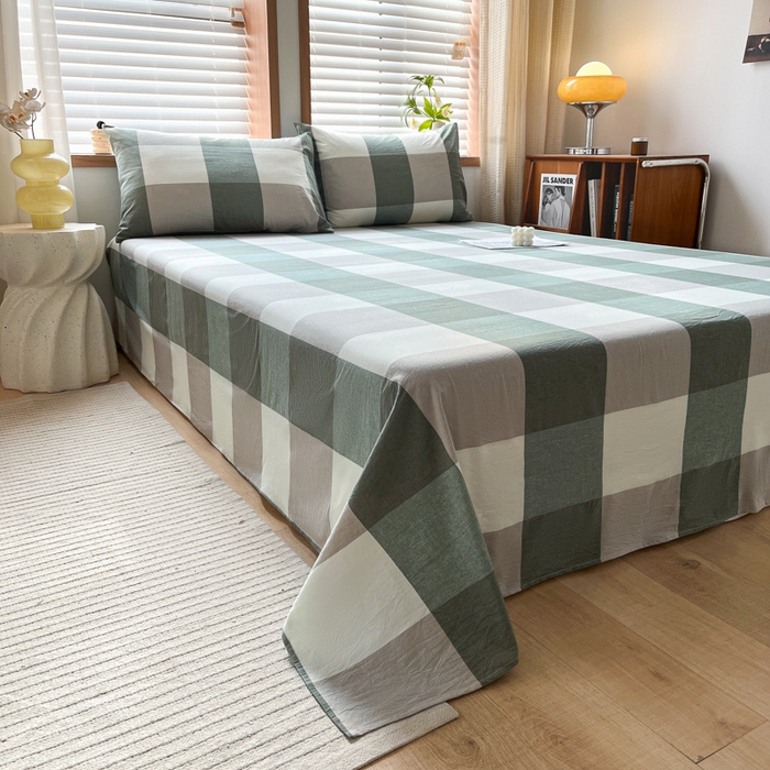 91家纺网 家纺一手货源 找家纺 启程家纺 2026新款全棉A类水洗棉多规格四件套单品-单床单 绿大格