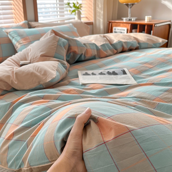 91家纺网 家纺一手货源 找家纺 启程家纺 2026新款全棉A类水洗棉多规格四件套单品-四件套 云华绿大格