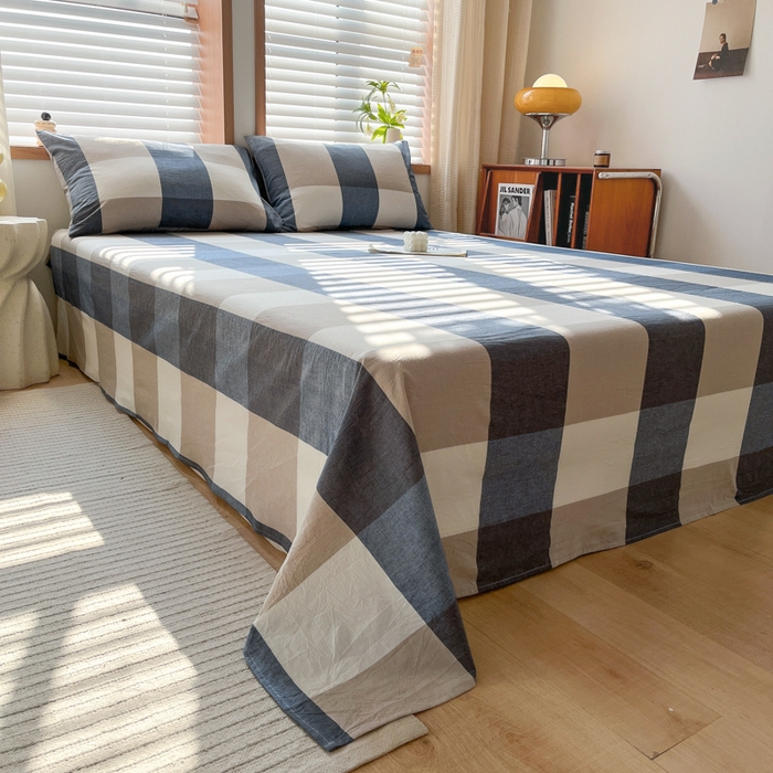 91家纺网 家纺一手货源 找家纺 启程家纺 2026新款全棉A类水洗棉多规格四件套单品-单床单 蓝大格