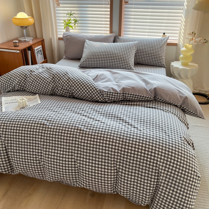 91家纺网 家纺一手货源 找家纺 启程家纺 2026新款全棉A类水洗棉多规格四件套单品-四件套 灰小格