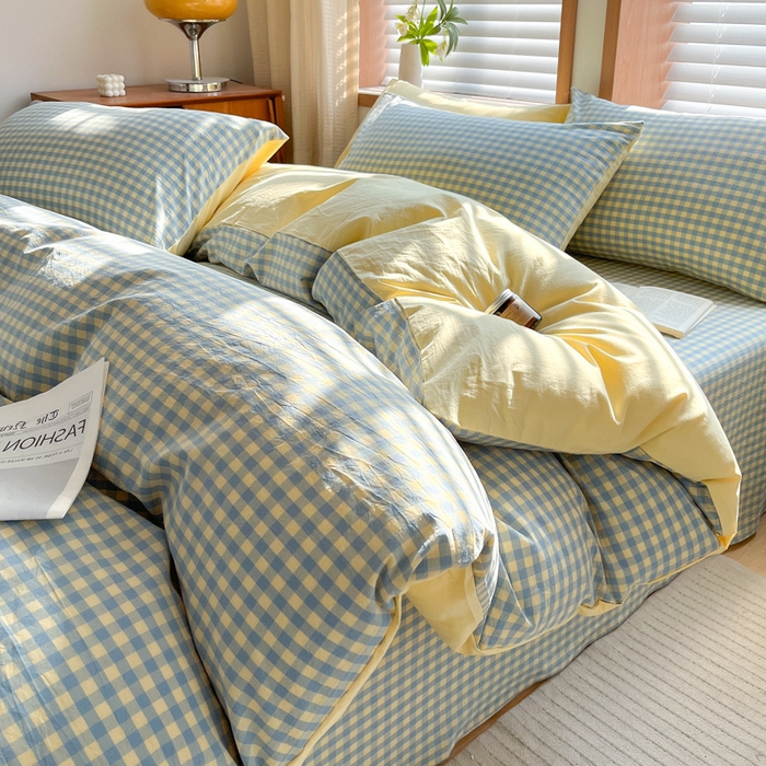 91家纺网 家纺一手货源 找家纺 启程家纺 2026新款全棉A类水洗棉多规格四件套单品-四件套 蓝黄小格