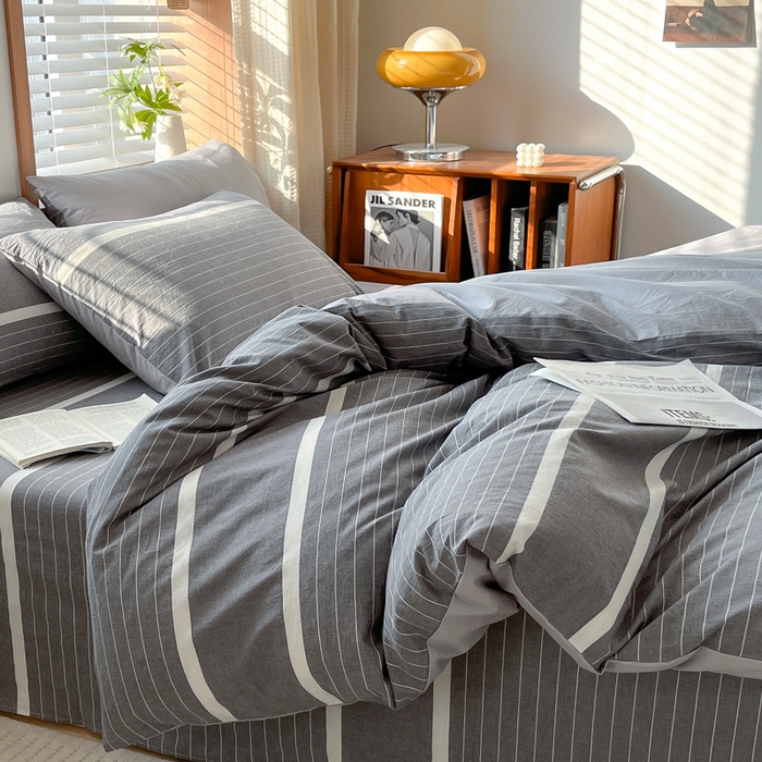 91家纺网 家纺一手货源 找家纺 启程家纺 2026新款全棉A类水洗棉多规格四件套单品-四件套 深灰条