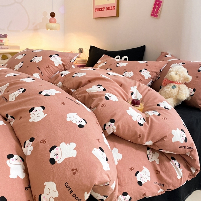 91家纺网 家纺一手货源 找家纺 葡萄家 2024新款双层纱云柔水洗棉萌趣卡通系列四件套（提供买家秀联系客服） 你好小狗