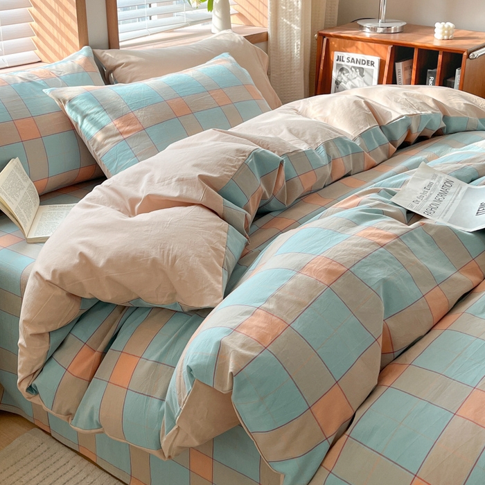 91家纺网 家纺一手货源 找家纺 启程家纺 2026新款全棉A类水洗棉多规格四件套单品-四件套 云华绿大格