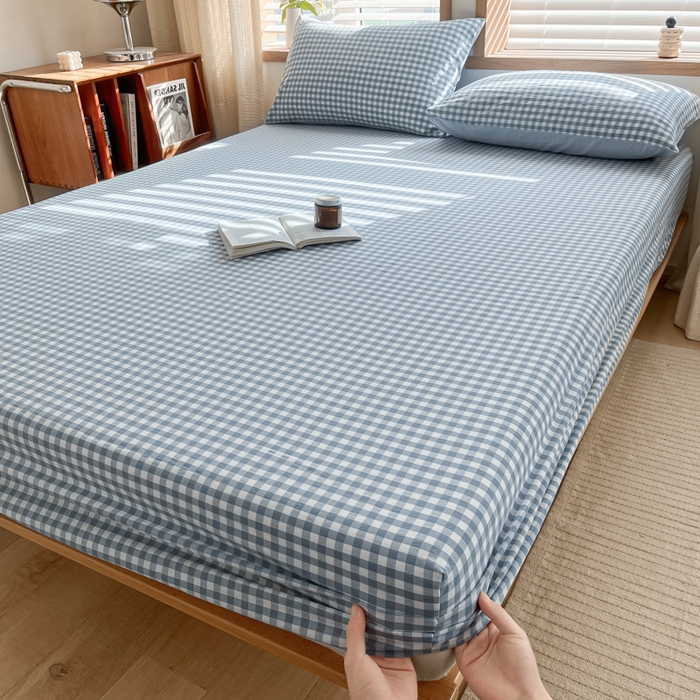 91家纺网 家纺一手货源 找家纺 启程家纺 2026新款全棉A类水洗棉多规格四件套单品-单床笠 浅蓝小格