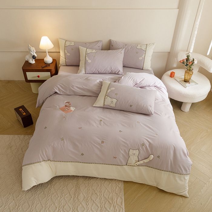 91家纺网 家纺一手货源 找家纺 艾莱家纺 2024新款水洗棉加厚绣花四件套 紫色cat