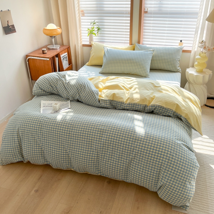 91家纺网 家纺一手货源 找家纺 启程家纺 2026新款全棉A类水洗棉多规格四件套单品-四件套 蓝黄小格