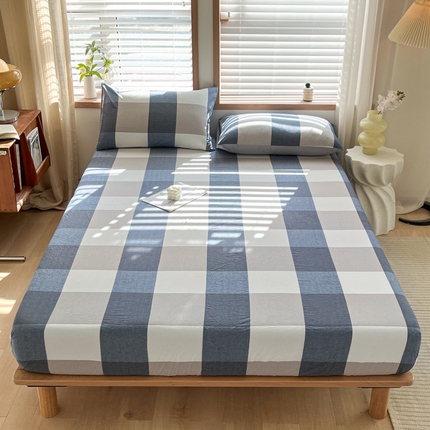 91家纺网 家纺一手货源 找家纺 启程家纺 2026新款全棉A类水洗棉多规格四件套单品-单床笠 蓝大格