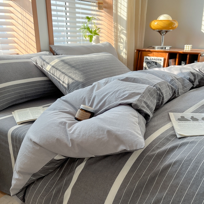 91家纺网 家纺一手货源 找家纺 启程家纺 2026新款全棉A类水洗棉多规格四件套单品-四件套 深灰条