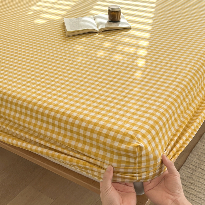 91家纺网 家纺一手货源 找家纺 启程家纺 2026新款全棉A类水洗棉多规格四件套单品-单床笠 黄小格