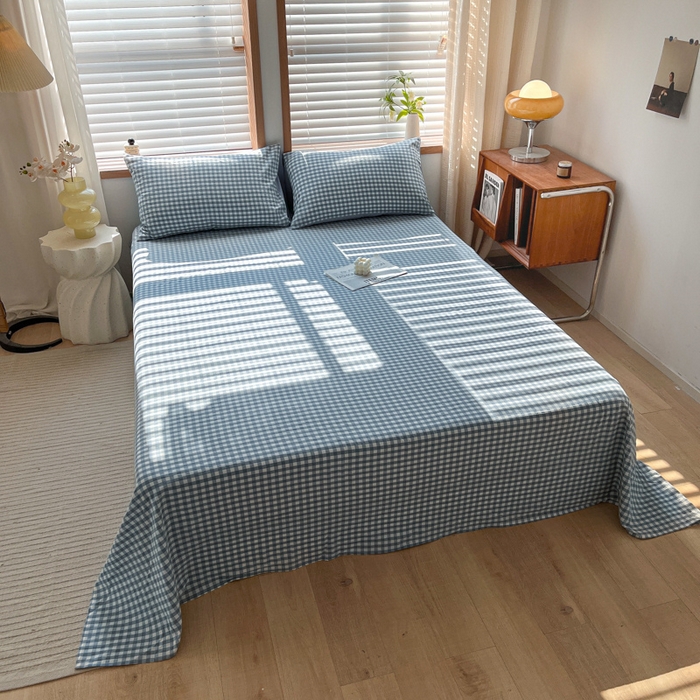 91家纺网 家纺一手货源 找家纺 启程家纺 2026新款全棉A类水洗棉多规格四件套单品-单床单 浅蓝小格