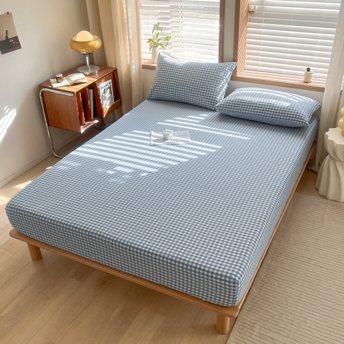 91家纺网 家纺一手货源 找家纺 启程家纺 2026新款全棉A类水洗棉多规格四件套单品-单床笠 浅蓝小格