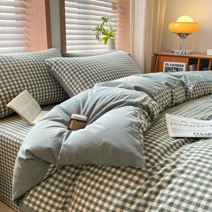 91家纺网 家纺一手货源 找家纺 启程家纺 2026新款全棉A类水洗棉多规格四件套单品-四件套 绿小格