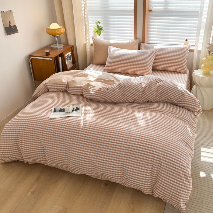 91家纺网 家纺一手货源 找家纺 启程家纺 2026新款全棉A类水洗棉多规格四件套单品-四件套 粉小格