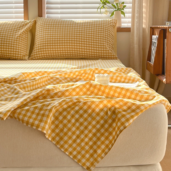 91家纺网 家纺一手货源 找家纺 启程家纺 2026新款全棉A类水洗棉多规格四件套单品-单床单 黄小格