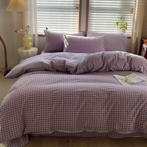91家纺网 家纺一手货源 找家纺 启程家纺 2026新款全棉A类水洗棉多规格四件套单品-四件套 紫粉小格