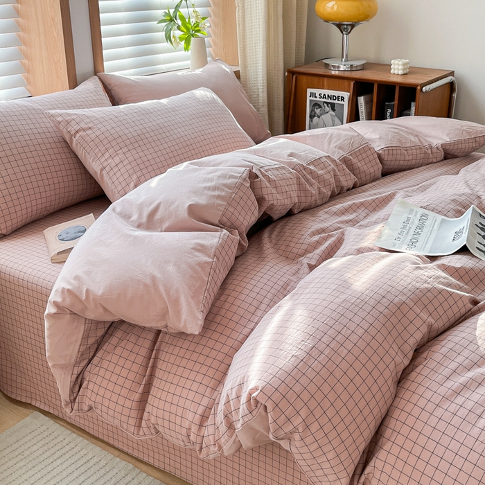 91家纺网 家纺一手货源 找家纺 启程家纺 2026新款全棉A类水洗棉多规格四件套单品-四件套 粉小方格