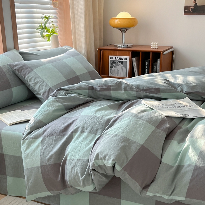 91家纺网 家纺一手货源 找家纺 启程家纺 2026新款全棉A类水洗棉多规格四件套单品-四件套 绿灰大格