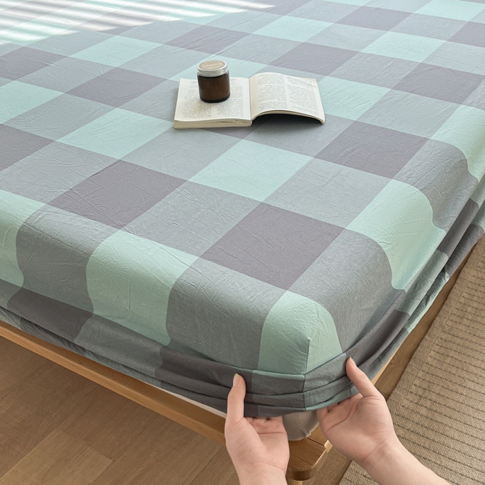 91家纺网 家纺一手货源 找家纺 启程家纺 2026新款全棉A类水洗棉多规格四件套单品-单床笠 绿灰大格