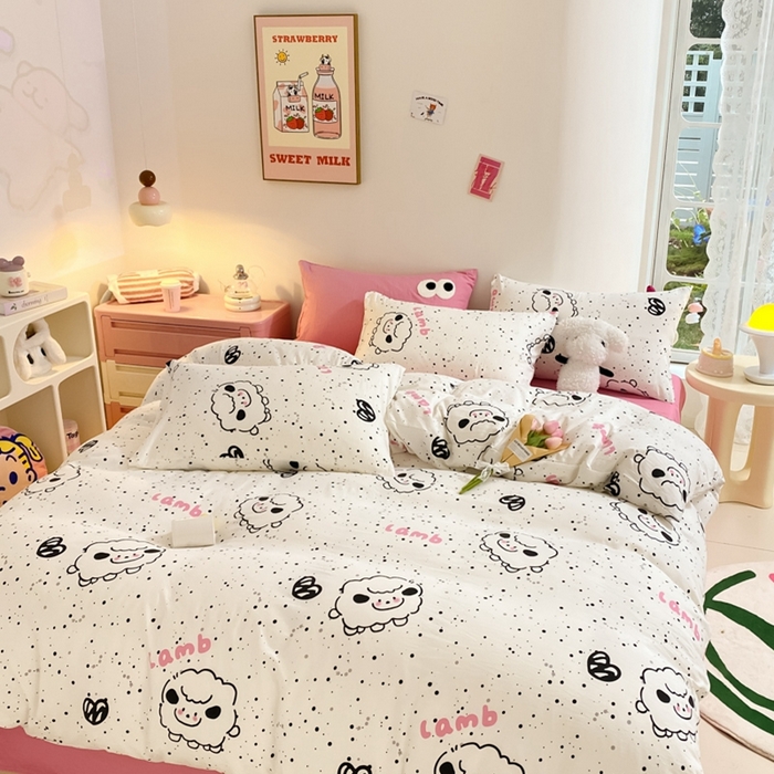 91家纺网 家纺一手货源 找家纺 葡萄家 2024新款双层纱云柔水洗棉萌趣卡通系列四件套（提供买家秀联系客服） 小羊咩咩